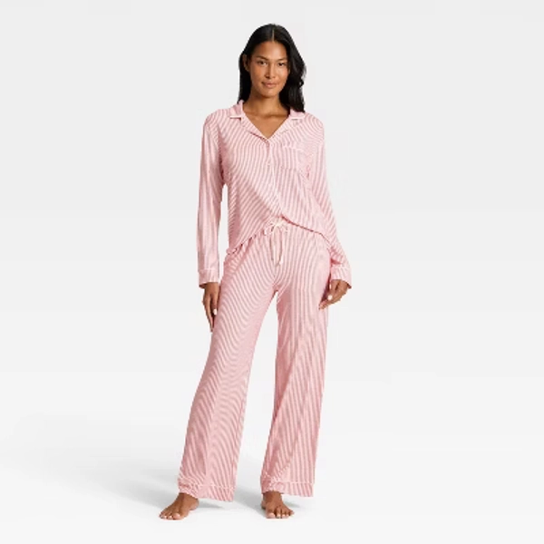 Women's Cloud Knit Modal Long Sleeve Notch Collar Top and Pants Pajama Set - Auden™ Red & White Stripe XS