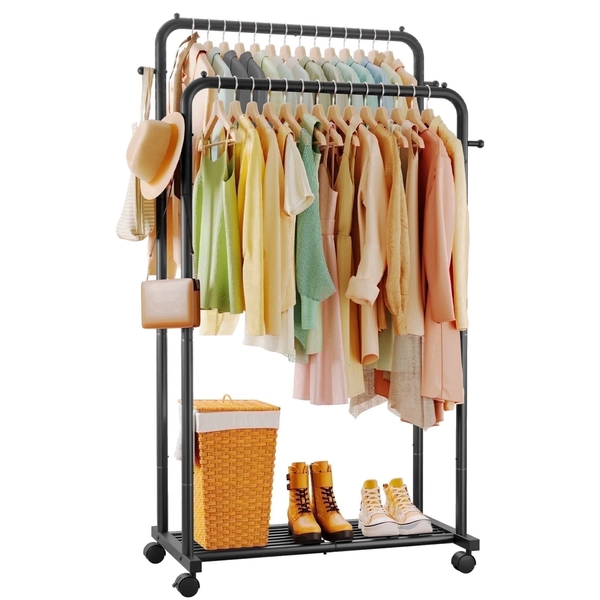 Sakugi Clothes Rack, Double-Rod Garment Rack with Hooks & Mesh Shlef, Versatile Clothing Racks for Hanging Clothes, Hats, Bags, Portable Hanger for Bedroom, Laundry, 32.7"×16"×59.1", Black - Walmart.com