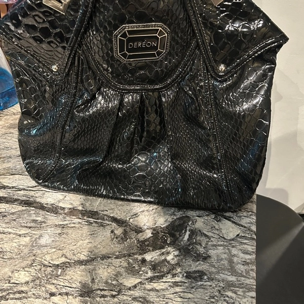 Dereon Large Black Glossy Shoulder Bag with Ruched Texture