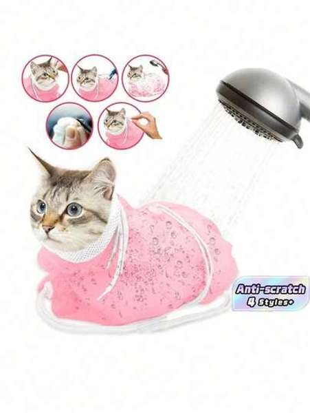 1Pc Cat Washing Bag, Pet Grooming Tools Set With Nail Clippers, Scratch-Proof Bite-Proof Mesh Bath Bag For Cats, Professional Pet Cleaning Supplies For Nail Trimming, Bathing, Brushing, Stress-Free Grooming For Kittens Cats - Size Pink Bath Foaming Gloves