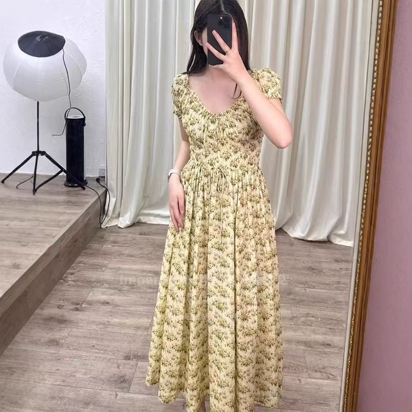 Women 2024 Spring and Summer Retro Printed Round Neck Pleated Slim Puff Sleeve Midi Dress - AliExpress 