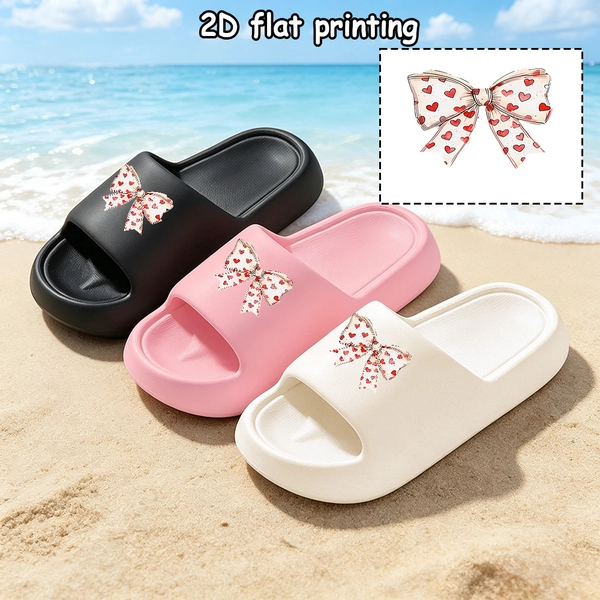 1 Pair, 2D Cartoon Printing, Slide Slippers, Girls' Indoor Home Shoes, Kids Slide Slippers, Indoor Slippers, Ideal Gift for Birthday, Day And Holidays, Bowknot Heart Print Kids Slide Slippers for Indoor Daily Use