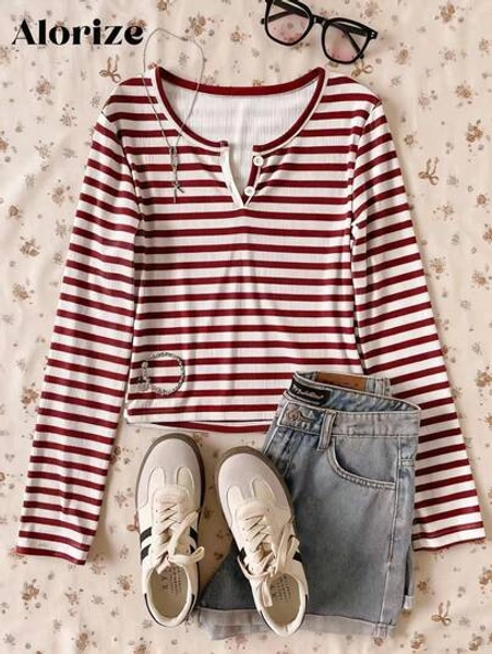 Girls' Casual Striped V-Neck Long Sleeve T-Shirt With Button Decor, Versatile For Walking, Shopping, Work, School, Travel & Outings, Can Be Paired With Jackets, Vests, Pants, Sweatpants