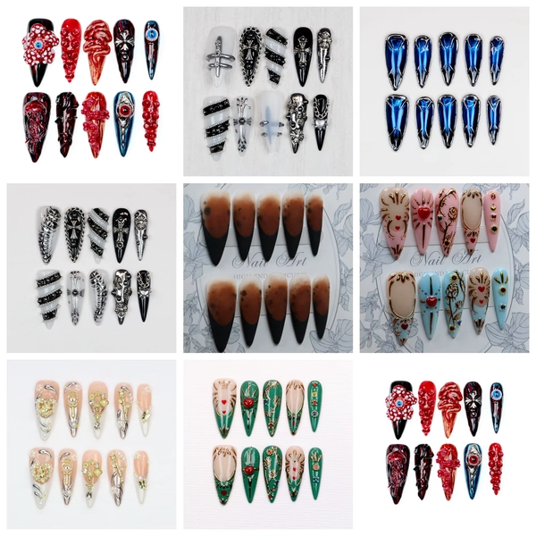 10Pcs 3D Beautiful Handmade Manicure Long Stiletto Press On Nails, Acrylic Fake Handpainted Custom Design Adhesive Nail File Set