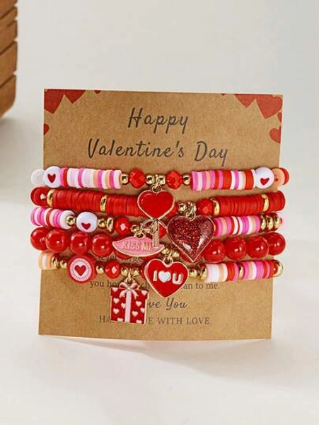 5pcs Fashionable & Personalized High-Quality Red Heart-Shaped Beaded Bracelet Set, Suitable For Women As Valentine's Day, Thanksgiving, Christmas And Daily Wear Gifts