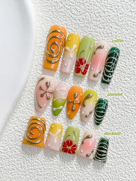 10pcs Vintage Style Handmade Press-On Nails, Polygel Nail Art Set, Floral, Spiral, Color Block & Gradient, Pink, Green, Yellow, Orange, Red Nail Polish, Minimalist Style, Includes Nail Tools, 3 Sizes Available, Almond, Duck, Coffin Shape, Suitable For Party, Dancing, Daily Wear
