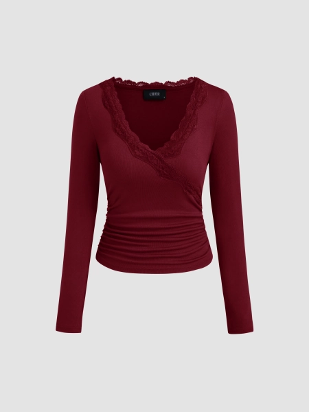 Valentine Knit Fabric V-neck Solid Lace Trim Ruched Long Sleeve Top For Work