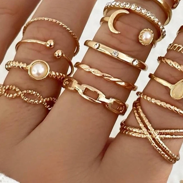 26pcs Geometric Rhinestone Faux Pearl Ring