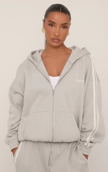 Oversized Contrast Stripe Side Essential Graphic Hoodie In Grey