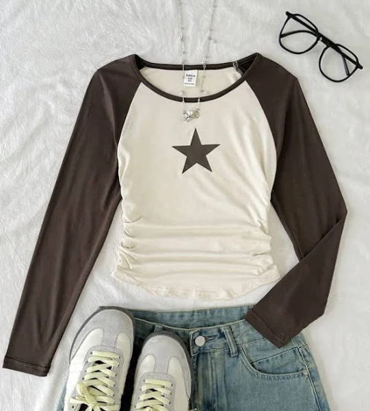 Tween Girl Raglan Sleeve Star Print T-Shirt