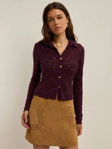 Nöista Nöista Deep Purple Lace Button-Up Top With A Fitted Silhouette, Classic Collar, And Delicate Floral Pattern, Perfect For Fall Women Clothes, Autumn Outfits, Concert Tops, Office, Casual, And Boho Styles.