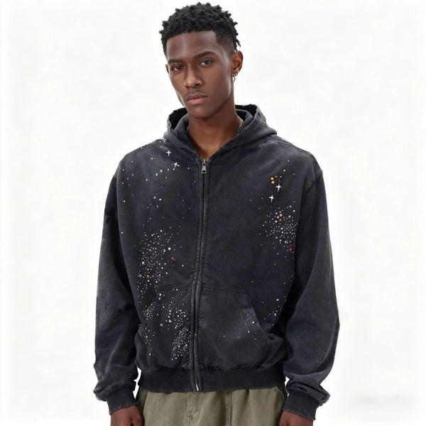 Vintage Rhinestone Sparkle Diamond Distressed Zip-Up Hoodie