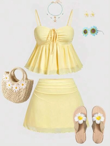 SHEIN MOD Plus Size Women Spaghetti Strap Camisole And Mini Skirt Set, Yellow Women Two-Piece Outfit,Cute,Two Piece Set Women. Yellow Skirt Set. Butter Yellow Two Piece Set. Skirt Swimsuit Set.Suitable For Back To School,