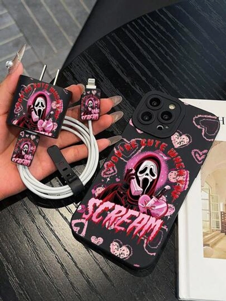 Skull Telephone Mobile Phone Protective Case + Charging Cable Protector With Coiled Wire Anti-Bite Sleeve