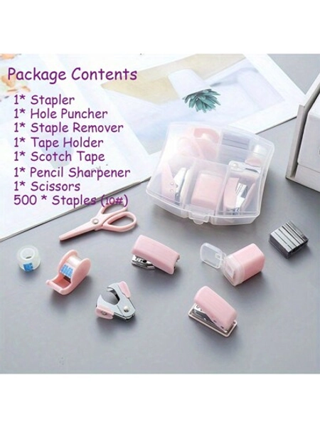 8pcs/Box Portable Office School Mini Stationery, Including Hole Punch, Staple Lifter, Stapler Tape Holder, Small Tape, Pencil Holder, Scissors, 500 Staples (10#),Product Size Is Mini And Cute, Wedding Gifts,Back To School,School Supplies
