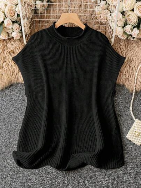 SHEIN LUNE Plus Size Women Solid Color Knitted Stand Collar Batwing Short Sleeve Casual Pullover Sweater, Burgundy, Autumn/Winter