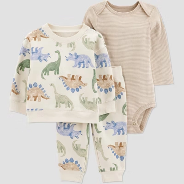 Carter's Just One You® Baby Boys' 3pc Dinosaur Sweatshirt with Long Sleeve Bodysuit and Jogger Pants Set - Cream 12M
