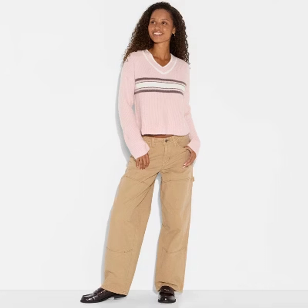Women's V-Neck Pullover Sweater - Wild Fable™ Light Pink Rugby Striped XXS