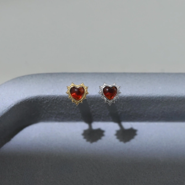 Garnet Sterling Silver Heart Shaped Stud | Gemstone 925 Silver Flat Back Earring | Gold Plated Cartilage Lobe Helix Conch Piercing Jewelry