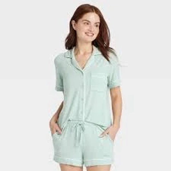 Auden Women's Cloud Knit Short Sleeve Notch Collar Top & Shorts Pajama Set, Small - Green & Polka Dot