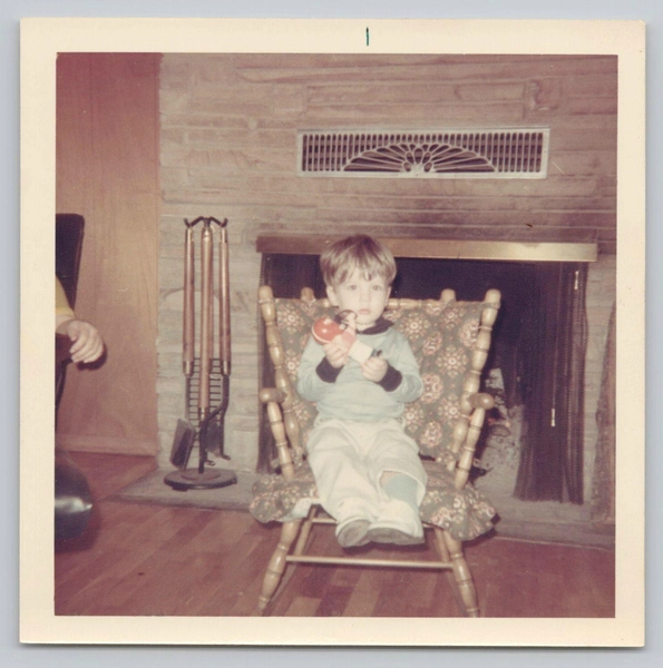1970s Color Snapshot Little Boy &amp; Football Figure Toy in Chair MCM Retro Photo