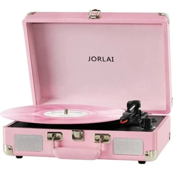 Pink Vinyl Record Player 3 Speeds Portable Suitcase Turntable with Built-in Dual Speakers, Bluetooth Gramophone with Built-in Battery 3.5mm Aux Input/