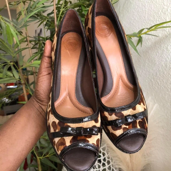 2000s Y2K brown black Leopard animal genuine leather print open peep toe heels pumps with bow detail-Size 8M