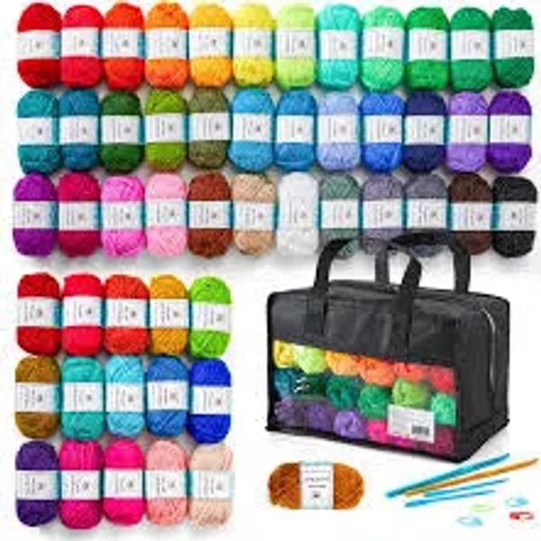 52 Acrylic Yarn Skeins Set - 52 Colors, Crochet Hooks, Needles, Stitch Markers, Bag