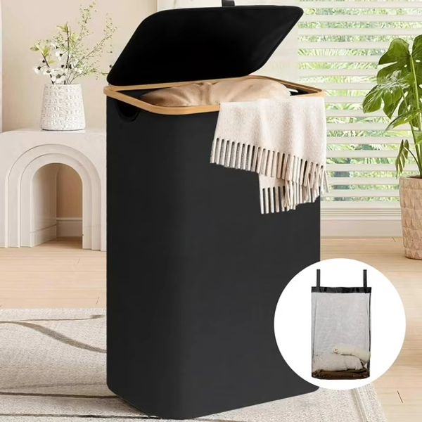 Inadays Laundry Basket Clothes Laundry Hamper 100L with Lid with Bamboo Handles and A Removable Laundry Bag Large Collapsible Foldable Laundry Hamper for Bedroom, Bathroom, Dorm, Laundry Room