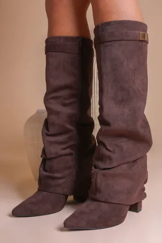Faux Suede Slouchy Fold Over Shark Boots