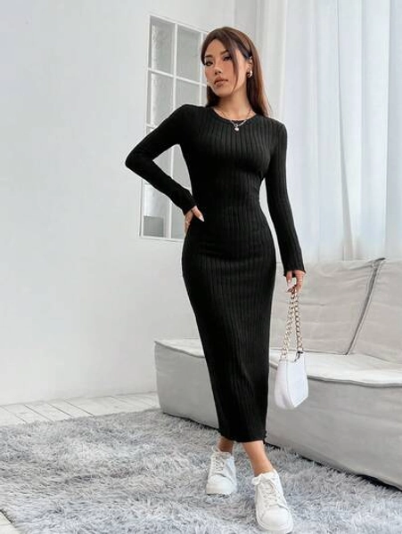 SHEIN PETITE Solid Ribbed Knit Bodycon Black Dress