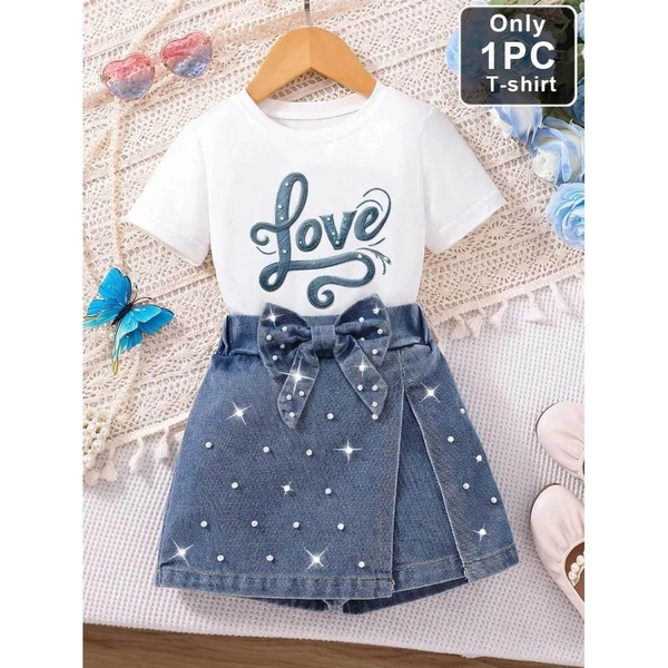 1 Piece Girls' Short-Sleeve Casual T-Shirt • Heart Letter Denim Star Bowknot Crew Neck Top • Soft & Comfortable • All-Season Wear • Casual Style • Perfect for Outdoor & Home • Only 1 T-Shirt