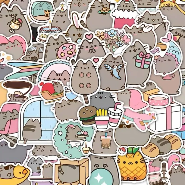 57Pcs Pusheen Stickers Pack, Sticker Sheets, Waterproof Kawaii Cute Cat & Cartoon Character Vinyl Decals, Adhesive Stickers for Laptop, Water Bottle,