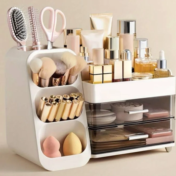 Everly Quinn Large White Makeup Organizer with Brush Holder