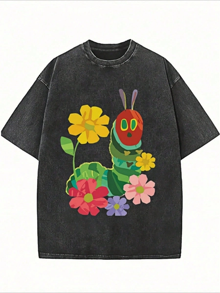 The Very Hungry Caterpillar Flower Graphic Washed T-Shirt Crew Neck Short Sleeve, Summer Graphic Tees, 230 Grams Heavyweight Casual