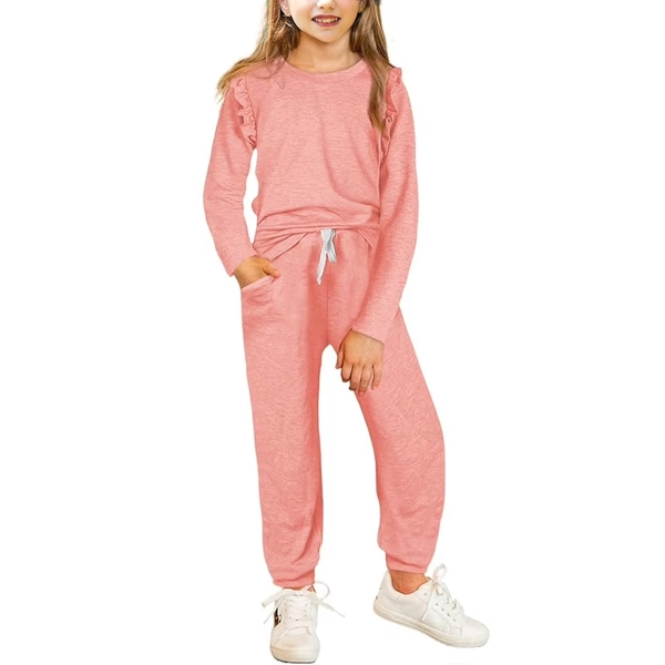 Cethrio Kids Girls Outfit Sets, Long Sleeve 2 Piece Sweatshirts and Sweatpants Set Pink Size 6-7 T
