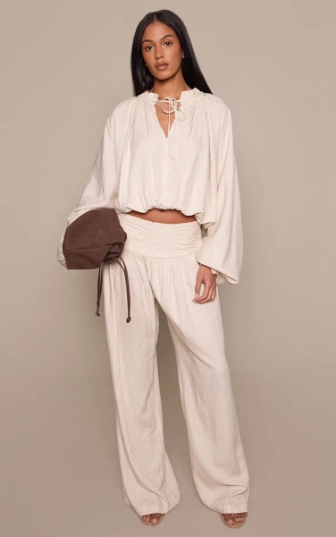 Tall Beige Linen Ruched Waistband Trousers Co-ord