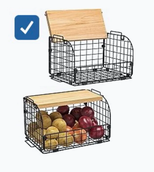 Amazon.com - 2 Set Stackable Wire Basket with Openable Top, Kitchen Counter, Pantry Organizer and Storage Produce Onion Potato Fruits Vegs Bread Food Snack Spice Organizing Bin for Cabinet Shelf Countertop Floor