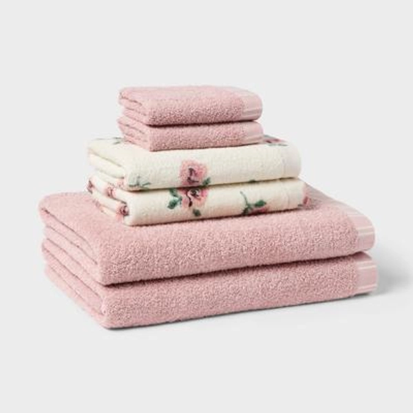 6pc Everyday Floral Dorm Towel Set Pink/Ivory - Room Essentials™
