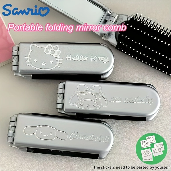 Sanrio Portable Folding Comb, Travel Hair Brush with Built-in Mirror and Massage Comb, 1pc Plastic Nylon Design, 3 Styles, Women's Comb, Patterned Hair Comb, Side Hair Comb, On-the-Go Comb, Fashion Hair Accessory, Portable Lightweight Comb, Smooth