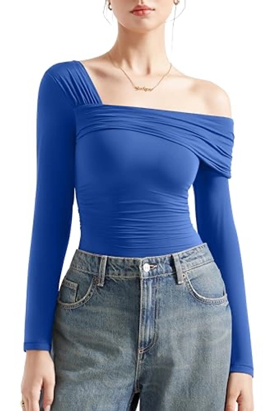 SUUKSESS Women One Off The Shoulder Winter Trendy Casual Tops Ruched Double Lined Long Sleeve Shirts (Sapphire,S)