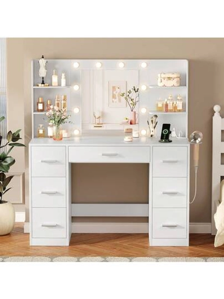 Furniwell 43" Vanity Desk Set With Power Outlet, Makeup Vanity Table With Bulbs Mirror 3 Color & Brightness Adjustable 7 Drawers For Storage,   Makeup Vanity Desk With Outlets, Large Mirror With Light Bulbs Color & Brightness Adjustable,  7 Drawers For Storage With Hairdryer Holder Christmas Gift For Girls Women