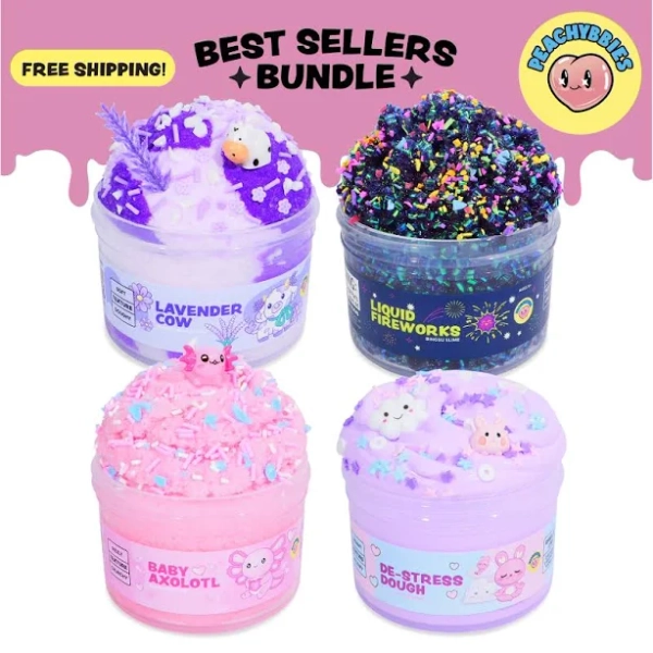 PEACHYBBIES: 4-Pack Bestsellers Slime Bundle - Premium Scented Slimes, ASMR, Stress Relief, Fidget Toys, Cloud Dough, Bingsu, Butter, Cotton Slime