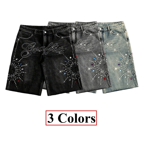 Rhinestone Decor Vintage Y2K Street Denim Knee Length Shorts Loose Casual Bermuda Pants, 3 Colors Optional, 1pc, Perfect for Outdoor, for Teenager