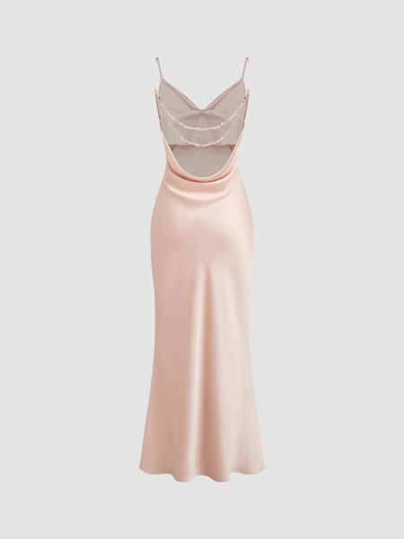 Stain Cowl Neck Ruched Backless Chain Detail Maxi Dress
