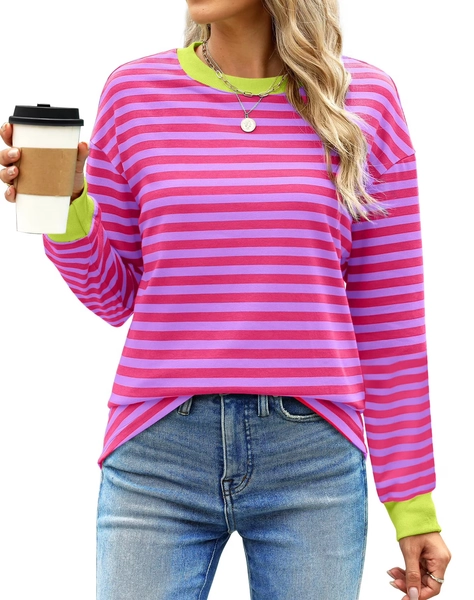 Fantaslook Striped Long Sleeve Shirts for Women Crewneck Tunic Tops Color Block Blouses Fall Pullover