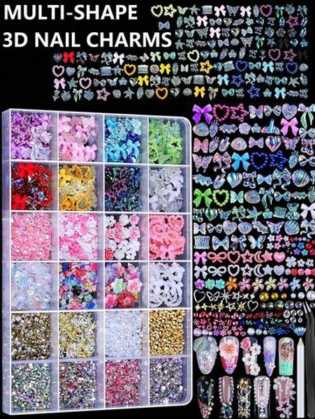 5000pcs 3D Nail Art Decorations Set, 24 Compartment Box, Assorted Flat Nail Art Accessories - Colorful Flowers, Bows, Pearls And Rhinestones Combo DIY Nail Decor (Nail Tools Included)