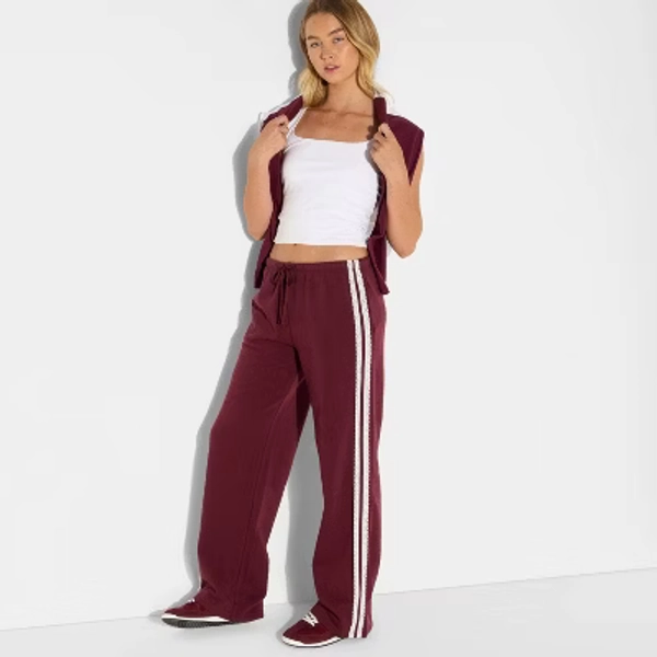 Women's Mid-Rise Lace Striped Fleece Pants - Burgundy XL