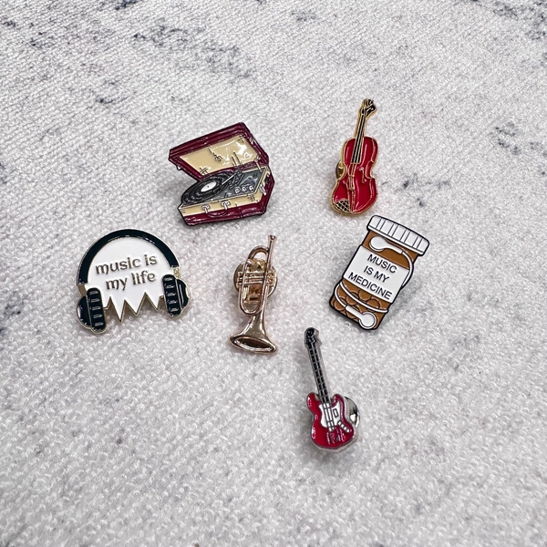 Music Themed Enamel Pins Set - Including Record Player, Red Violin, 'Music Is My Life' Headphones Perfect for Music Lovers, Musicians