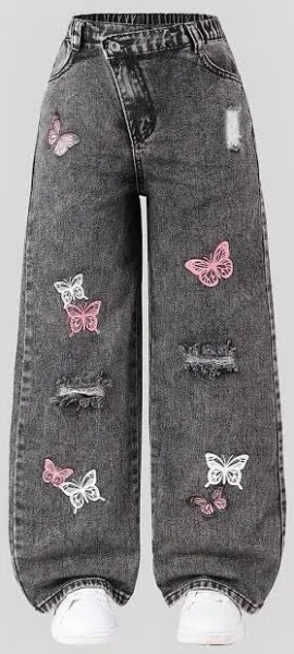 SHEIN Girls Butterfly Ripped Wide Leg Jeans